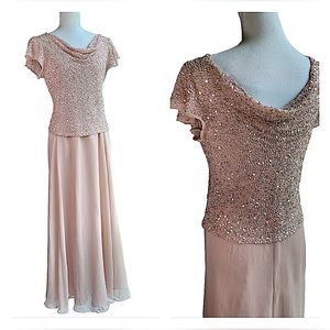 JKara Beaded Blush Chiffon Gown. B20